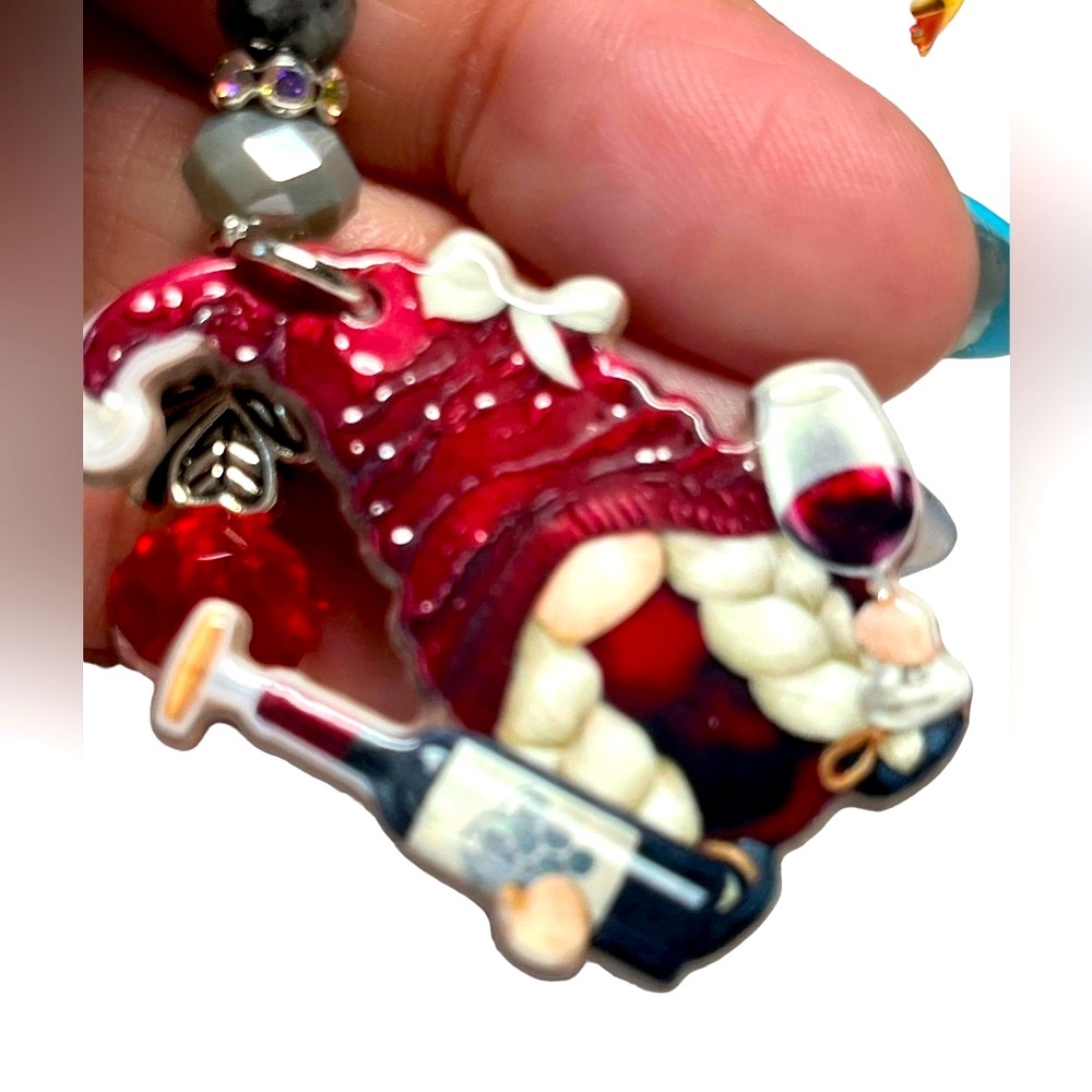 WINE TIME gnome, zipper pull or purse bling-green and silver,female gnome